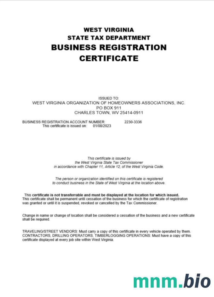 Certyfikat rejestracji firmy w USA w Wirginii Zachodniej i szablon PDF